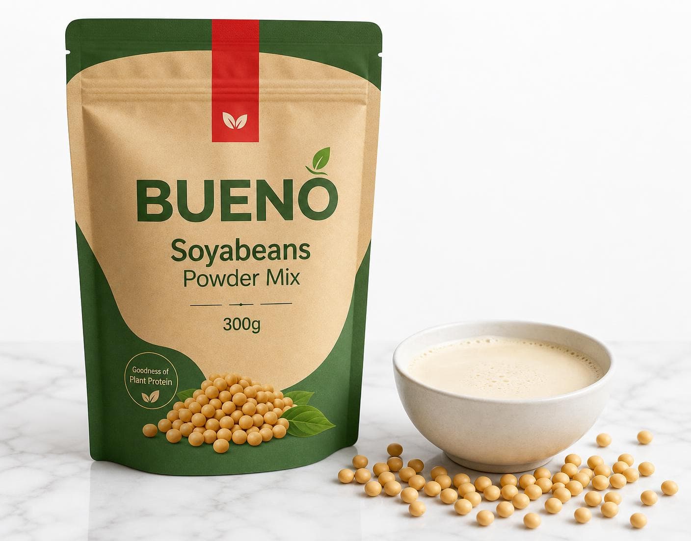 Bueno Soyabeans Powder Mix 300 g pack with a bowl of prepared drink