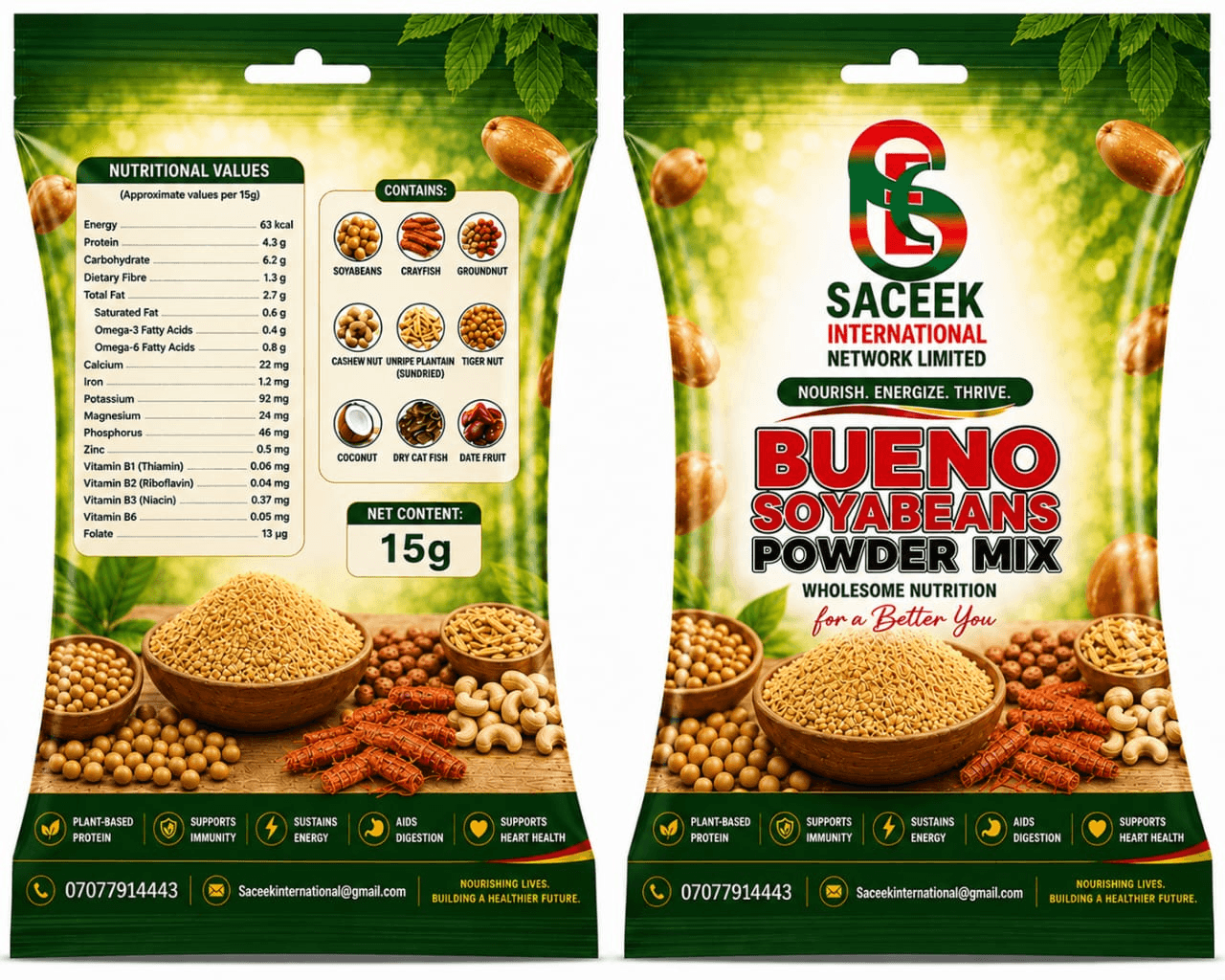 Front and back artwork of the 15 g Bueno Soyabeans Powder Mix sachet