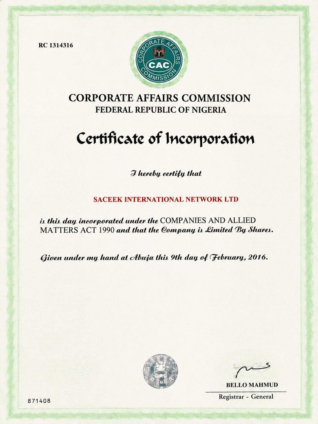 Certificate of Incorporation issued by Corporate Affairs Commission (CAC)