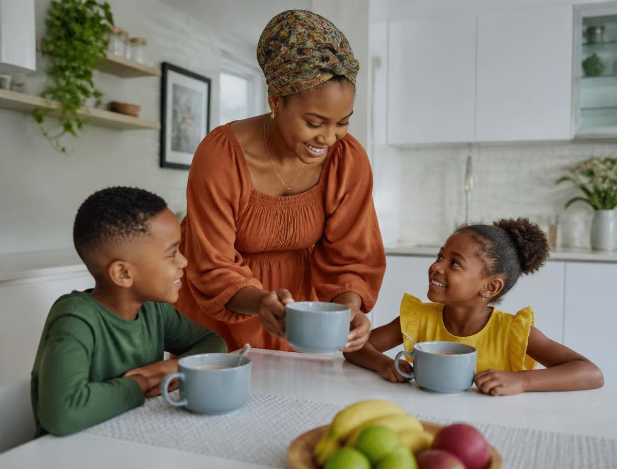 A family sharing warm nutritious drinks together in a bright kitchen