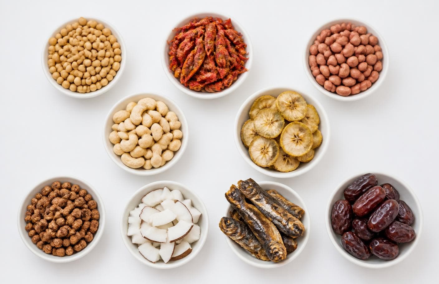 Bowls of the natural ingredients used in Bueno Soyabeans Powder Mix
