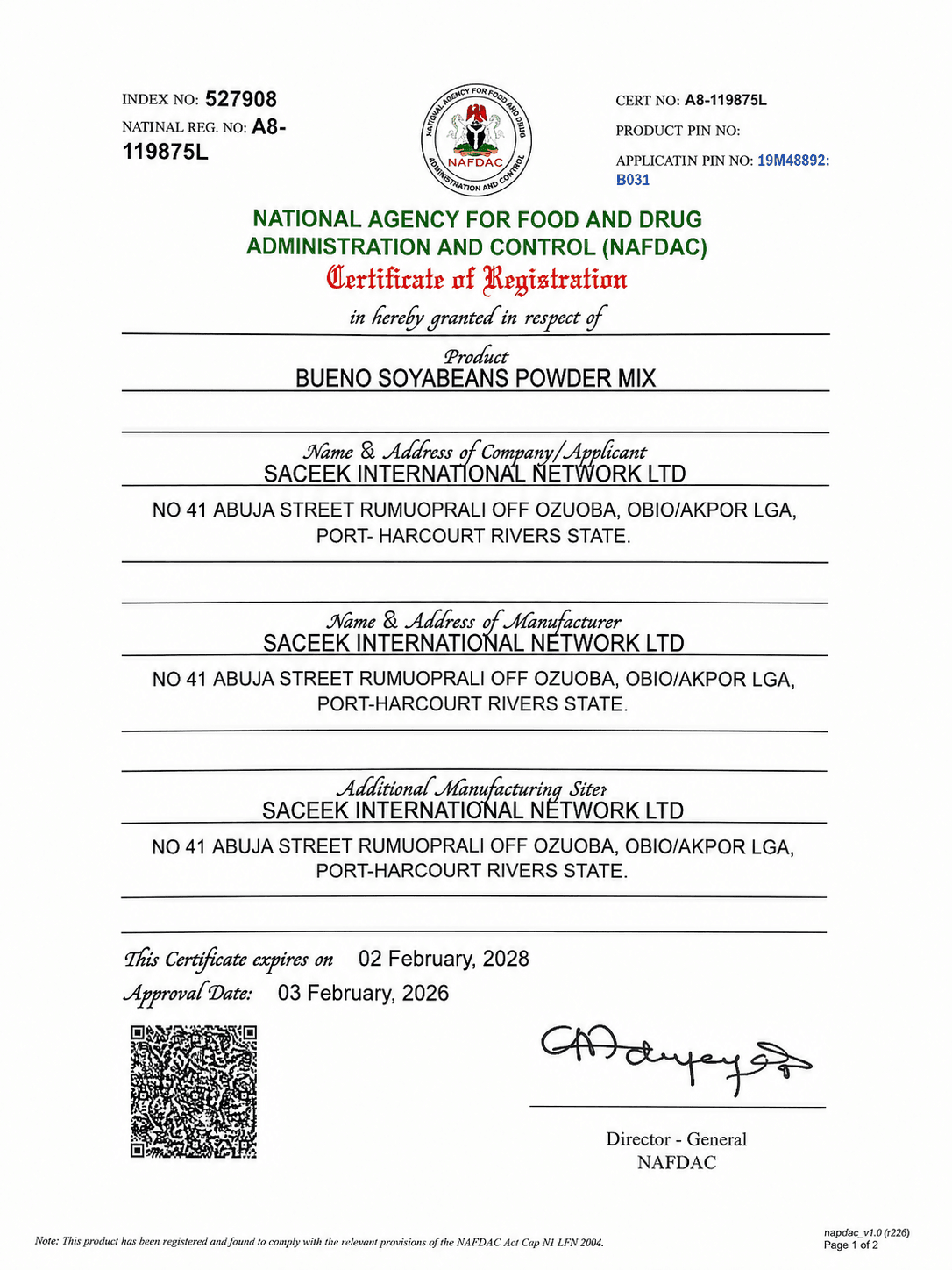 Certificate of Registration issued by National Agency for Food and Drug Administration and Control (NAFDAC)