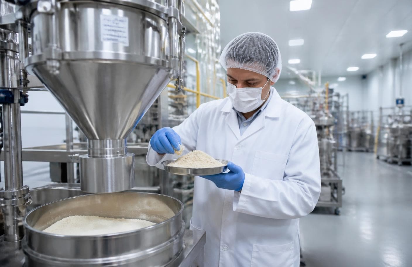 Quality technician inspecting milled powder at a food processing facility
